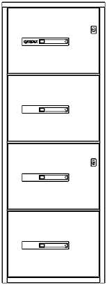 Serrure standard rétractable «Push-Lock» pour les 2 tiroirs du haut et une autre serrure standard différente pour les 2 tiroirs du bas.